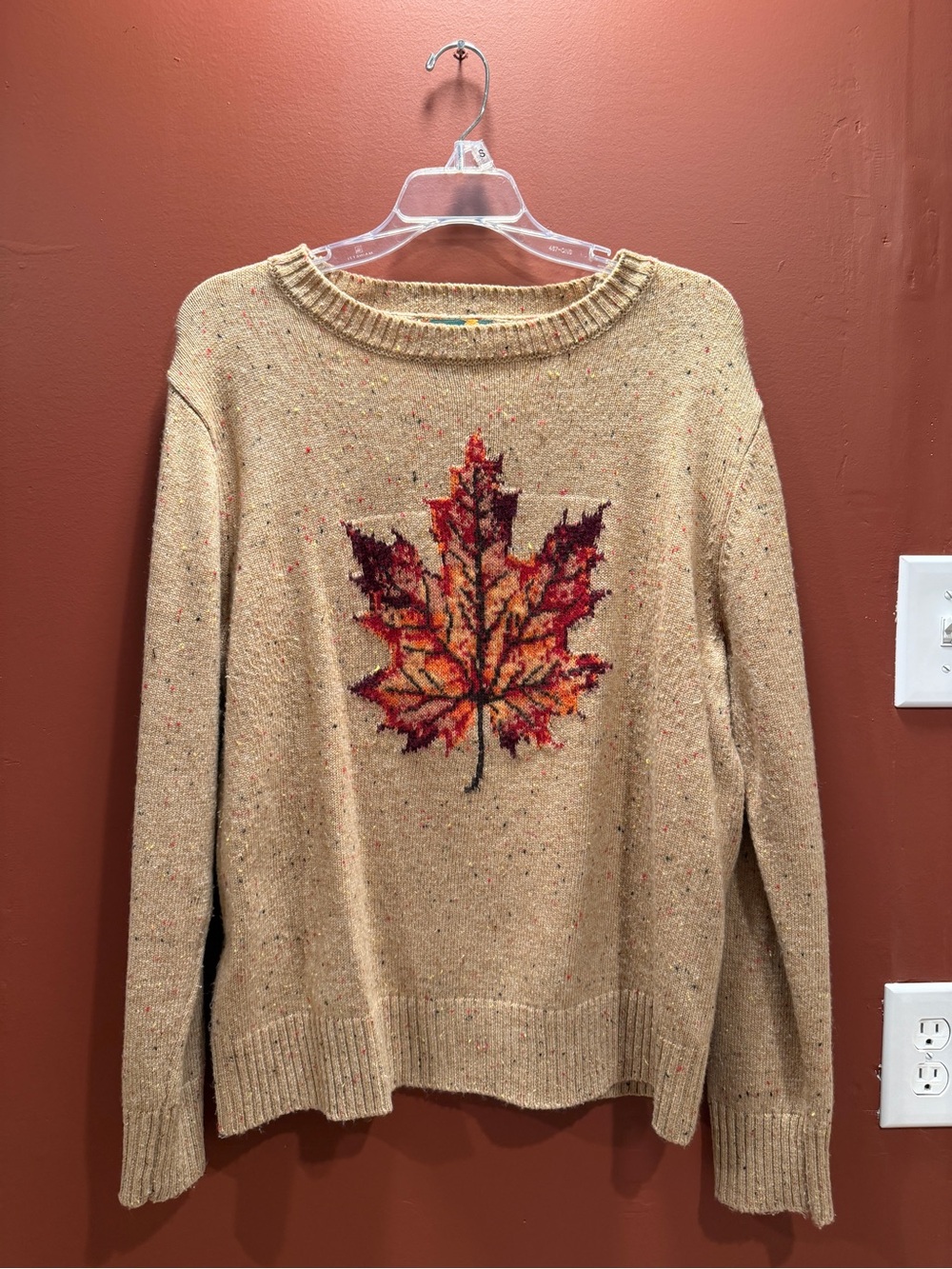 Kiel James Patrick Cream Sweater with Red & Orange Maple Leaf